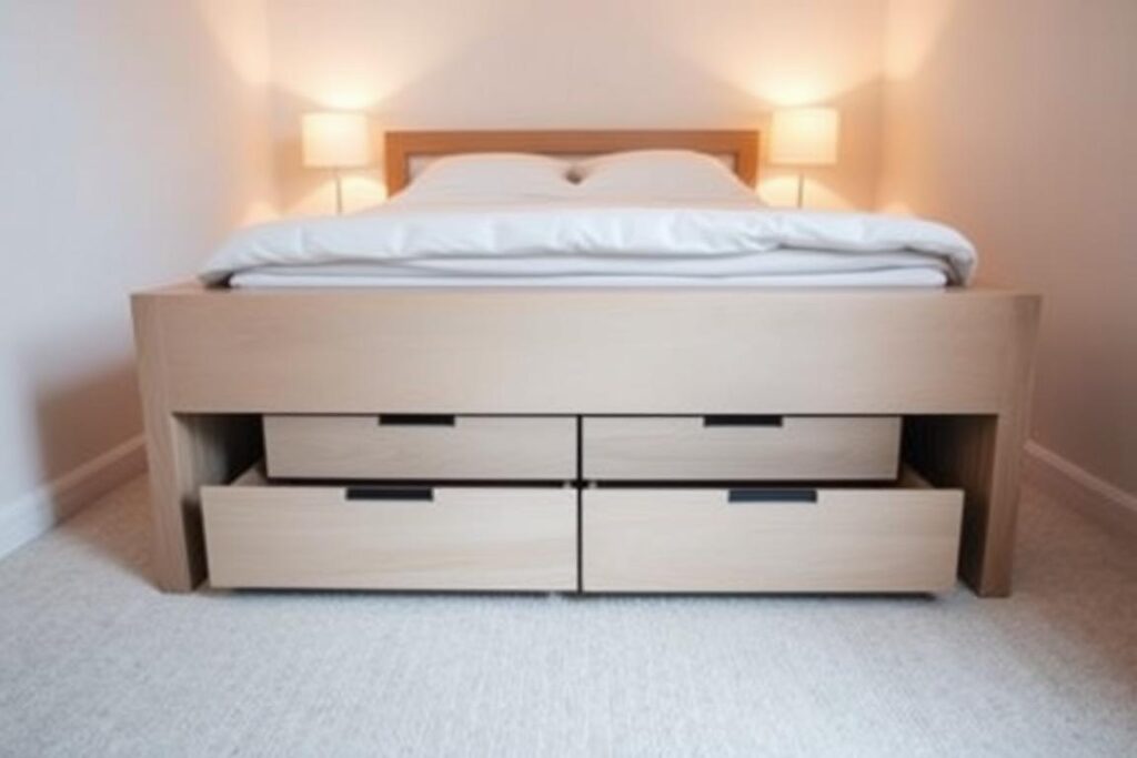 Under-bed storage showing how small bedroom storage ideas save space