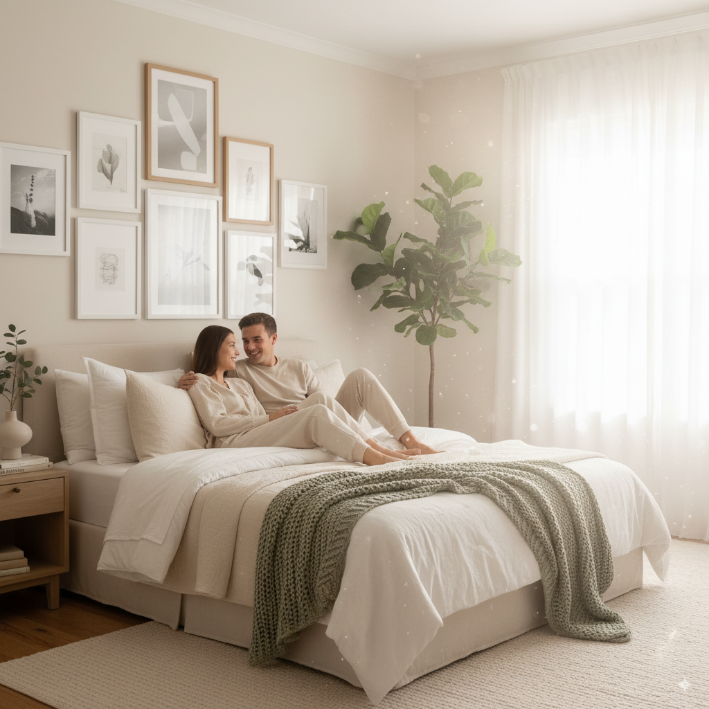 Cozy bedroom with a gallery wall above the bed, layered pillows, and sage green accents styled in warm morning light.
