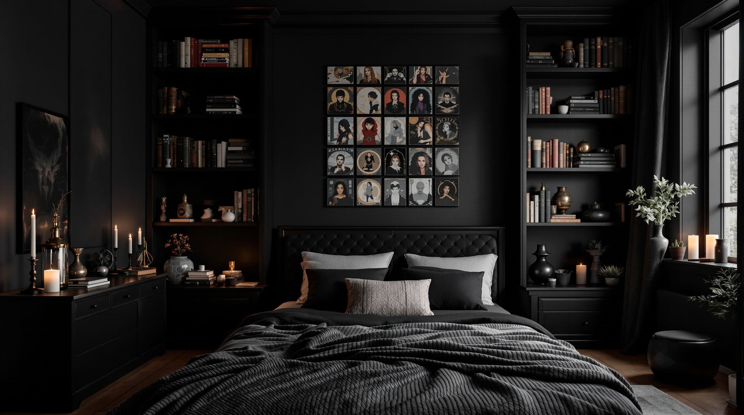 dark academia bedroom decor ideas with bookshelves and moody lighting