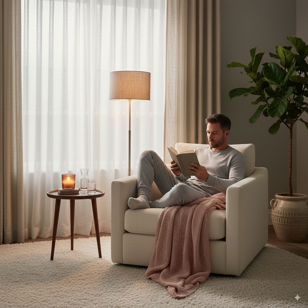 “Cozy bedroom reading nook with a man relaxing in a plush chair, blush throw blanket, soft lamplight, and leafy plant.”