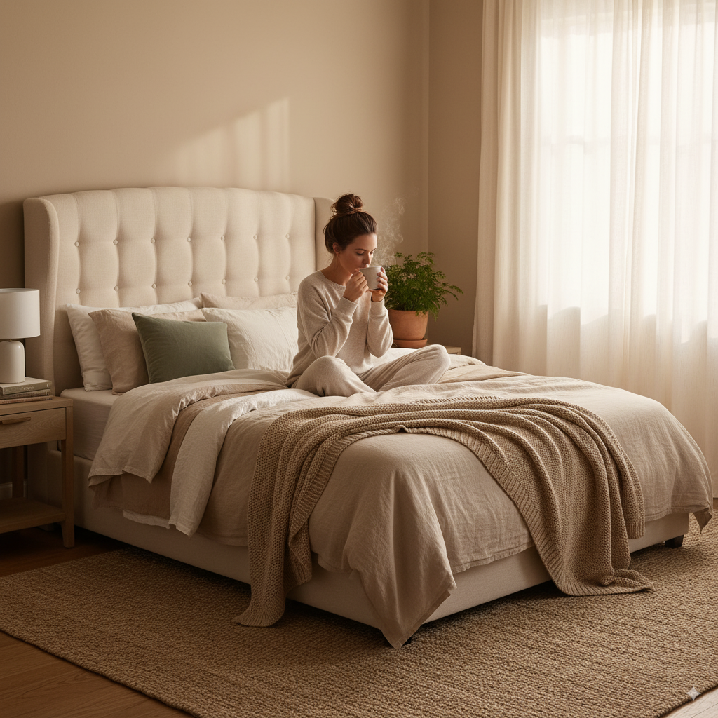 “Dreamy bedroom with layered bedding, sage accent pillow, and warm morning light, featuring a woman sipping tea on the bed.”
