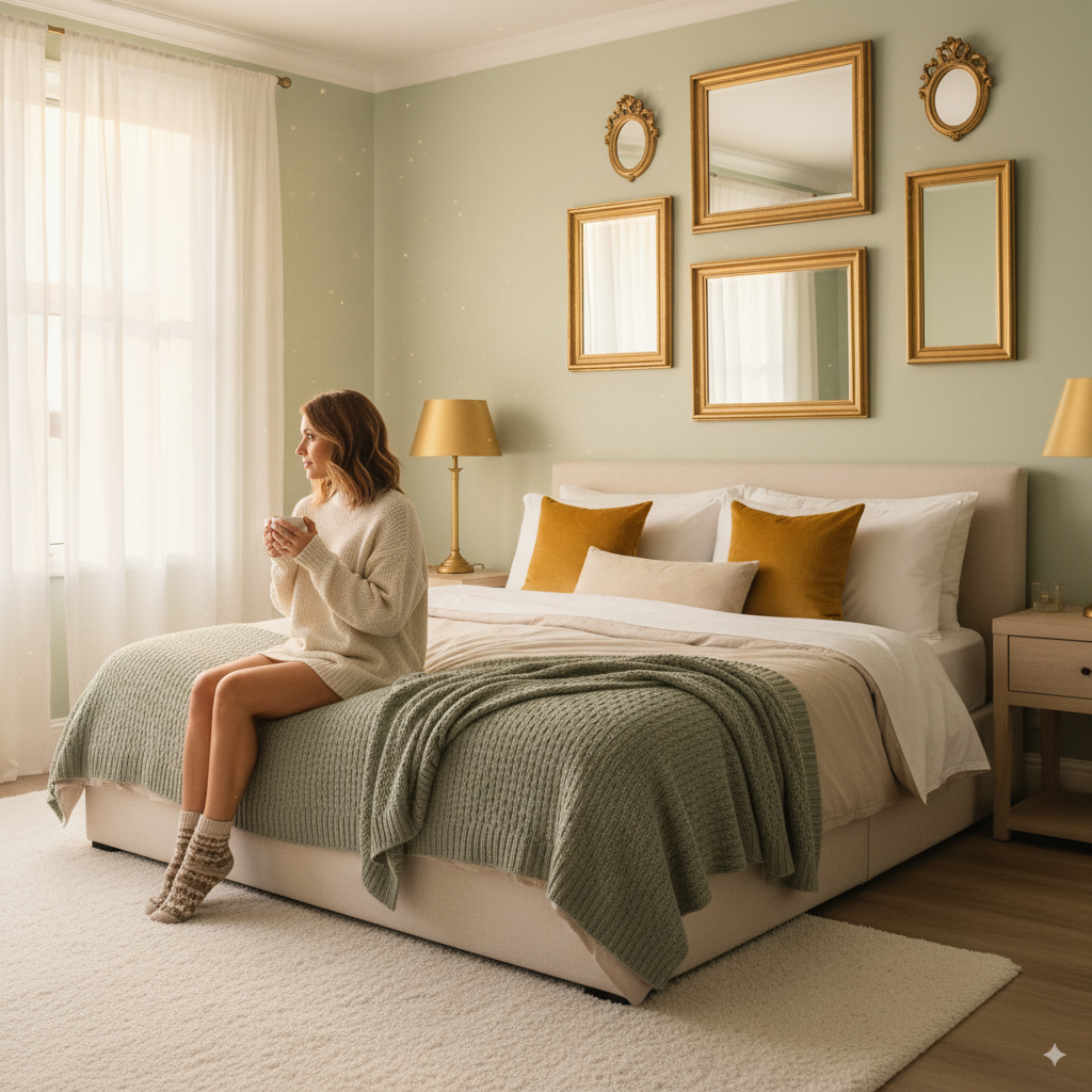 Wide bedroom view, light green walls, gold-framed decor, woman sipping tea on bed with layered linens, sage throw + mustard pillow, golden-hour glow.