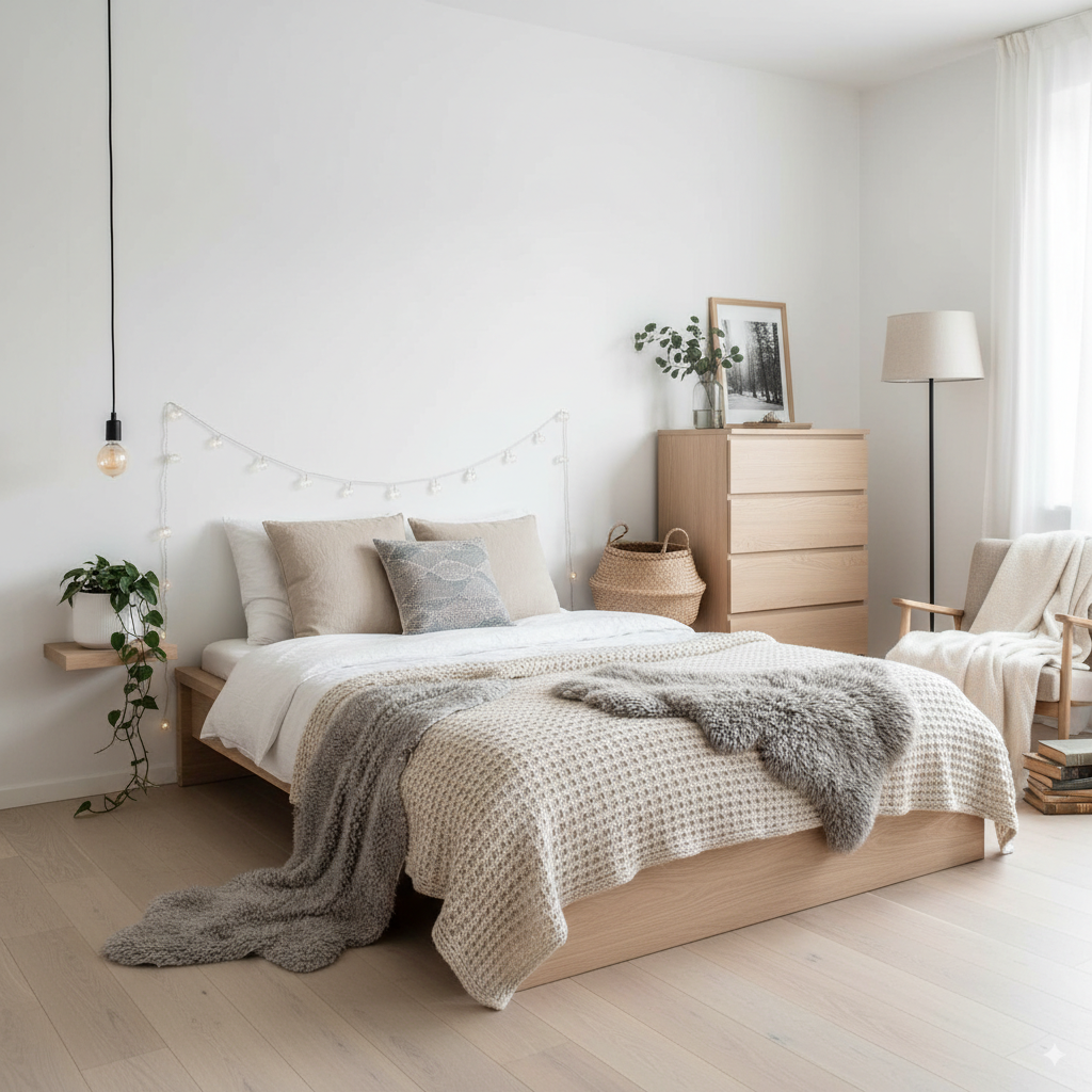 scandinavian bedroom decor ideas with light wood and hygge design