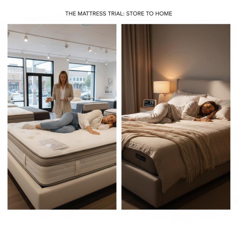 Split image comparing mattress trial in showroom and sleeper resting at home