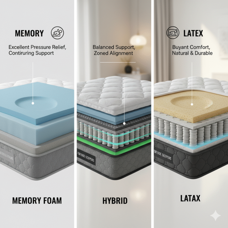 Cutaway comparison of memory foam, hybrid and latex mattress construction layers