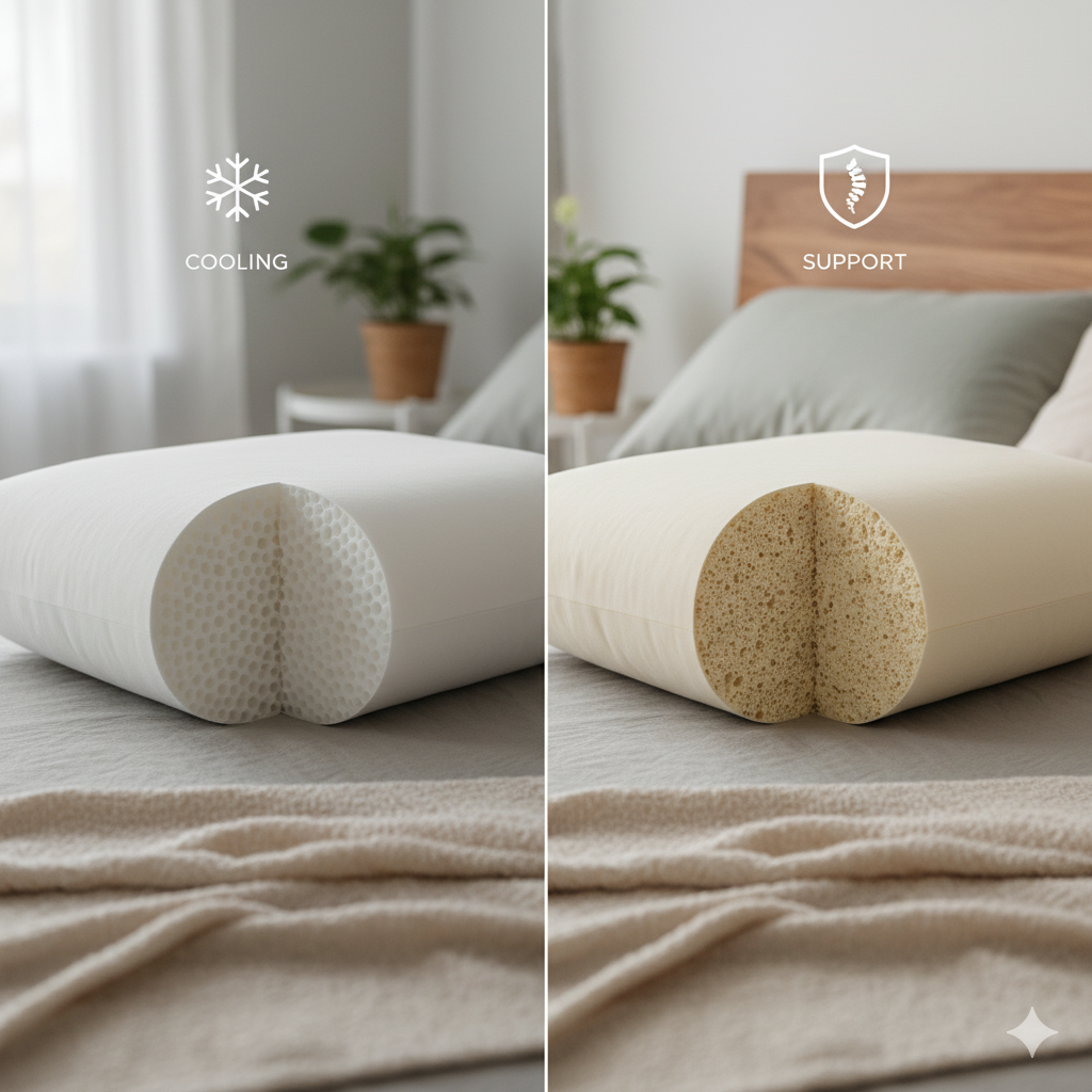 Memory foam vs latex comparison for best pillow for neck pain relief and cooling