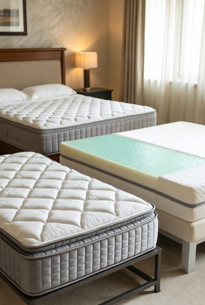 Modern mattress showroom displaying the best mattress options for 2025–2026 with cooling and hybrid models