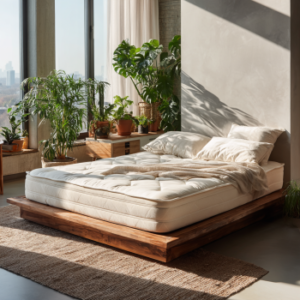 Luxurious organic mattress with natural latex layers on a wooden bed frame in a minimalist bedroom with plants
