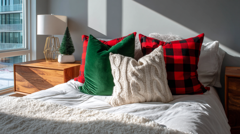 Red buffalo check plaid and green velvet Christmas pillow covers on wh featuring christmas pillow covers holiday