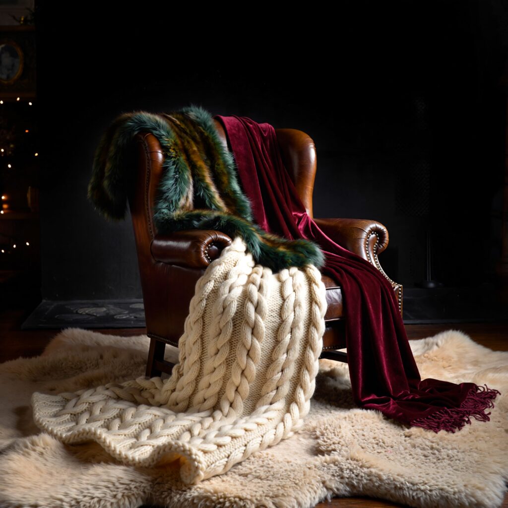 Warm winter Christmas throws and blankets layered on leather armchair featuring plush multicolored faux fur, burgundy velvet, and cream cable knit for cozy holiday elegance