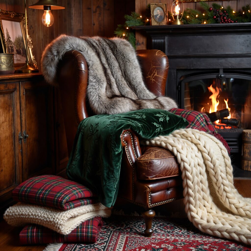 Warm winter Christmas throws and blankets draped on armchair by fireplace with faux fur, green holly velvet, chunky knit, and plaid for ultimate festive cozy warmth