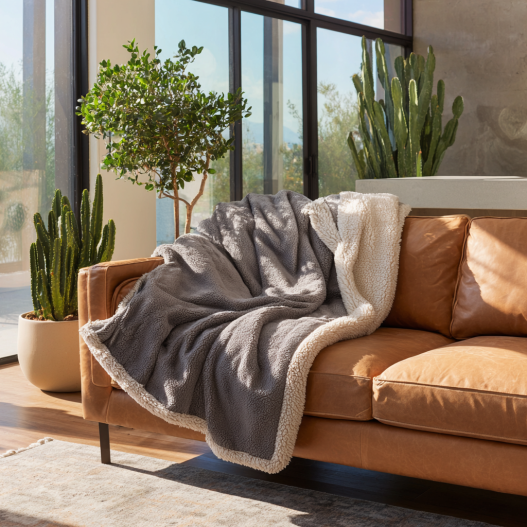 Soft gray sherpa fleece throw blanket draped on modern sofa for cozy Phoenix winter evenings