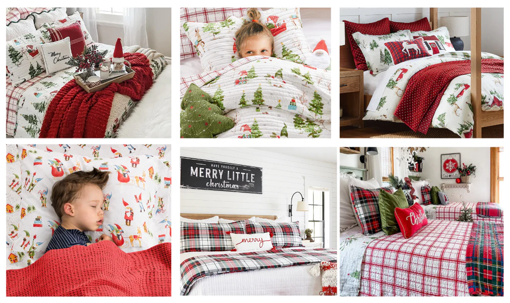 Perfectly layered Christmas bed with duvet cover, folded blanket, thro featuring christmas duvet covers