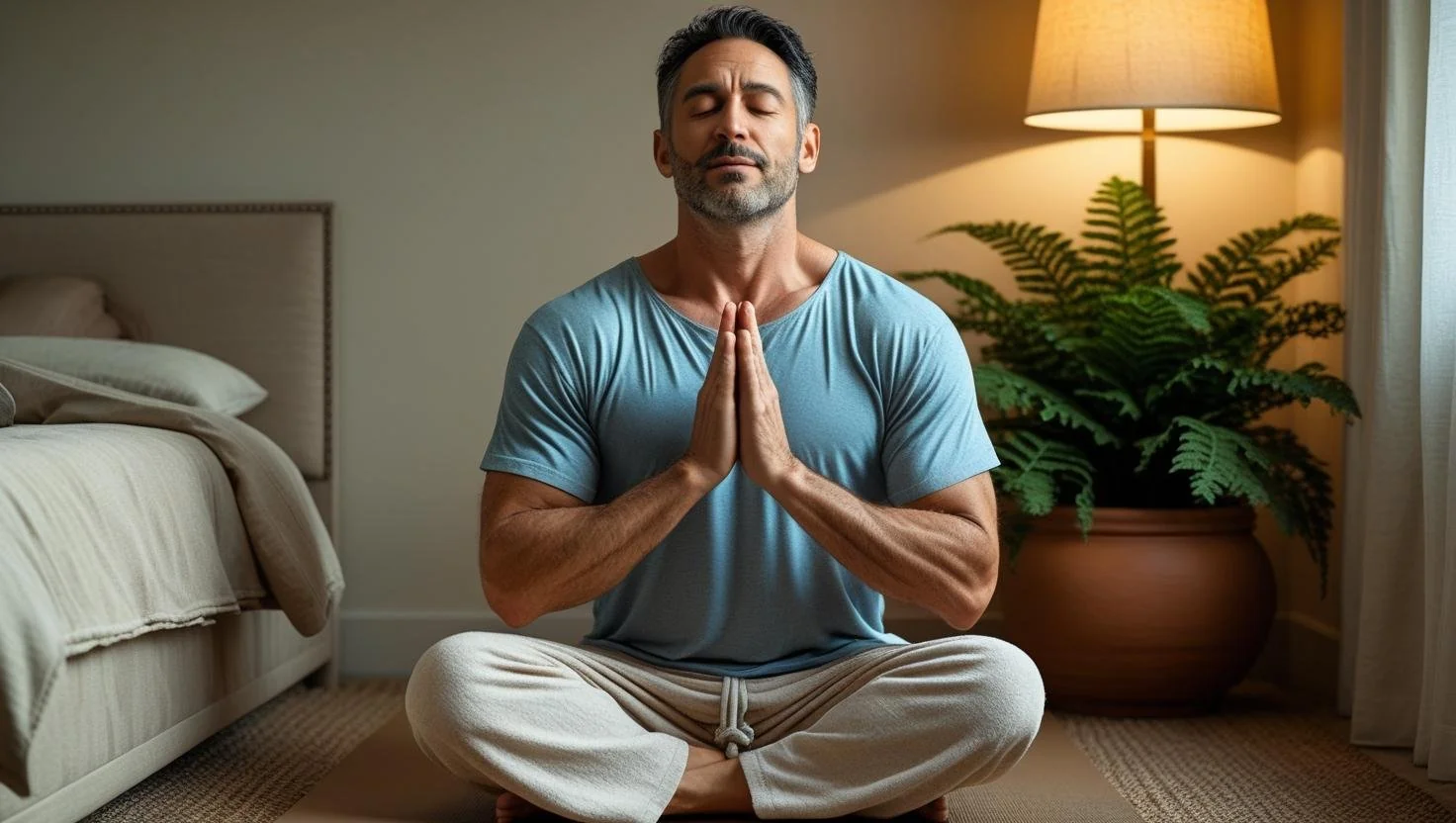 Calm person using the 4-7-8 Breathing Technique for sleep improvement