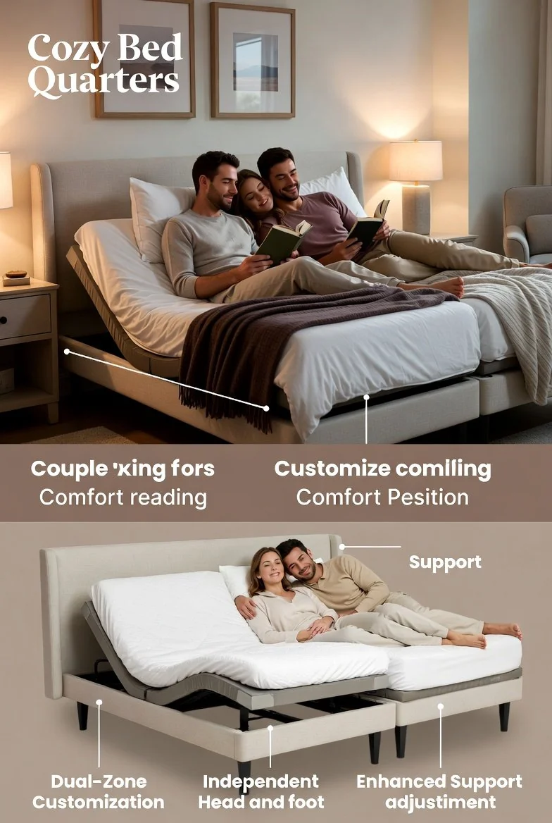Cozy bedroom scene with adjustable beds for couples, woman reading wit featuring adjustable beds worth couples?