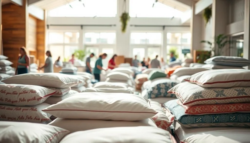 A bustling community donation center, sunlit and welcoming. In the foreground, neatly folded bedding sets and pillows await new homes, their soft textures and vibrant patterns inviting passersby. Middle ground showcases volunteers carefully arranging the donations, faces alight with purpose. In the background, an airy, open-concept space with warm wooden accents and potted plants, creating a calming, homely atmosphere. Soft, diffused lighting filters through large windows, casting a gentle glow over the entire scene. A sense of togetherness and generosity permeates the air, capturing the essence of a local bedding donation event.