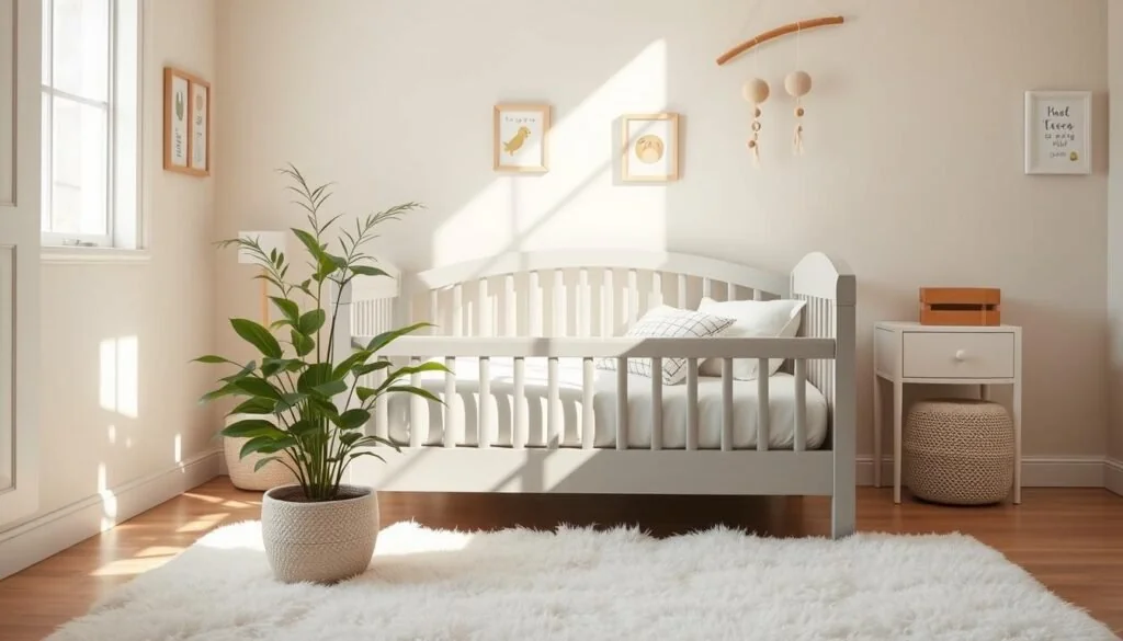 A cozy and inviting toddler bed nestled in a sun-drenched nursery, its soft gray wood frame and plush white bedding creating a serene and comfortable atmosphere. The bed is positioned prominently in the center of the frame, with a lush green potted plant and a fluffy white rug in the foreground, suggesting a harmonious and natural environment. The background features gentle pastel-colored walls, adorned with whimsical wall decor, such as framed prints or hanging mobiles, adding a touch of playfulness to the scene. The lighting is warm and diffused, creating a soothing and inviting ambiance, perfect for a toddler's transition to a more independent sleep space.