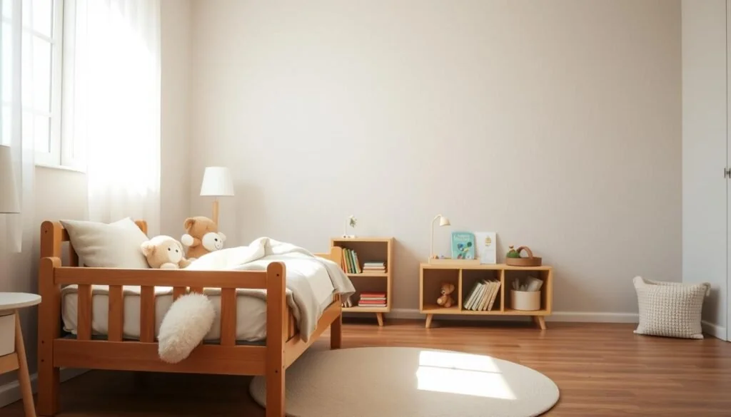 A cozy and well-lit toddler's bedroom, with a sturdy wooden toddler bed in the foreground. The bed features soft, plush bedding in neutral tones, along with fluffy pillows and a stuffed animal or two. In the middle ground, a low bookshelf or toy storage unit, filled with age-appropriate books and toys, creates a warm and inviting atmosphere. The background showcases a gently textured wall in a soothing, muted color palette, complemented by a sizable window that allows natural light to flood the space. The overall scene conveys a sense of safety, comfort, and thoughtful design, perfectly suited for a toddler's transitional sleep environment.