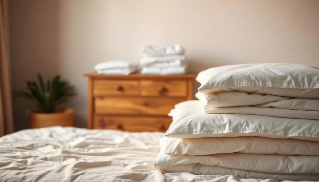 A cozy bedroom setting with a neatly folded stack of clean, freshly laundered bedding in the foreground. Soft, warm lighting casts a comforting glow, highlighting the plush textures of the pillows, duvet, and sheets. In the middle ground, a wooden chest or dresser serves as a staging area, with additional folded items ready for donation. The background features a neutral-toned wall, creating a minimalist, serene atmosphere that emphasizes the generosity and care put into preparing these bedding items for a new home. The overall composition conveys a sense of organization, comfort, and the thoughtful act of giving.
