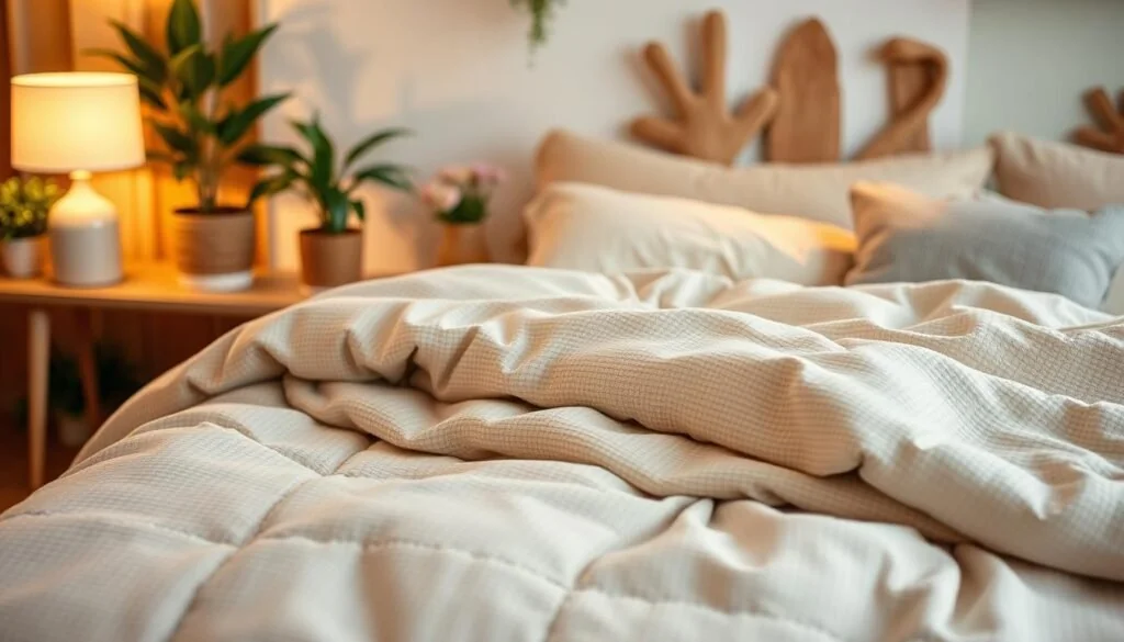 A cozy bedroom with a plush, eco-friendly comforter in natural hues taking center stage. The bedding is made from sustainable materials like organic cotton or bamboo, with a textured, breathable weave. Soft lighting from a bedside lamp casts a warm glow, creating a serene atmosphere. In the background, potted plants and natural wood accents reinforce the eco-friendly theme. The overall impression is one of comfort, quality, and environmental consciousness.