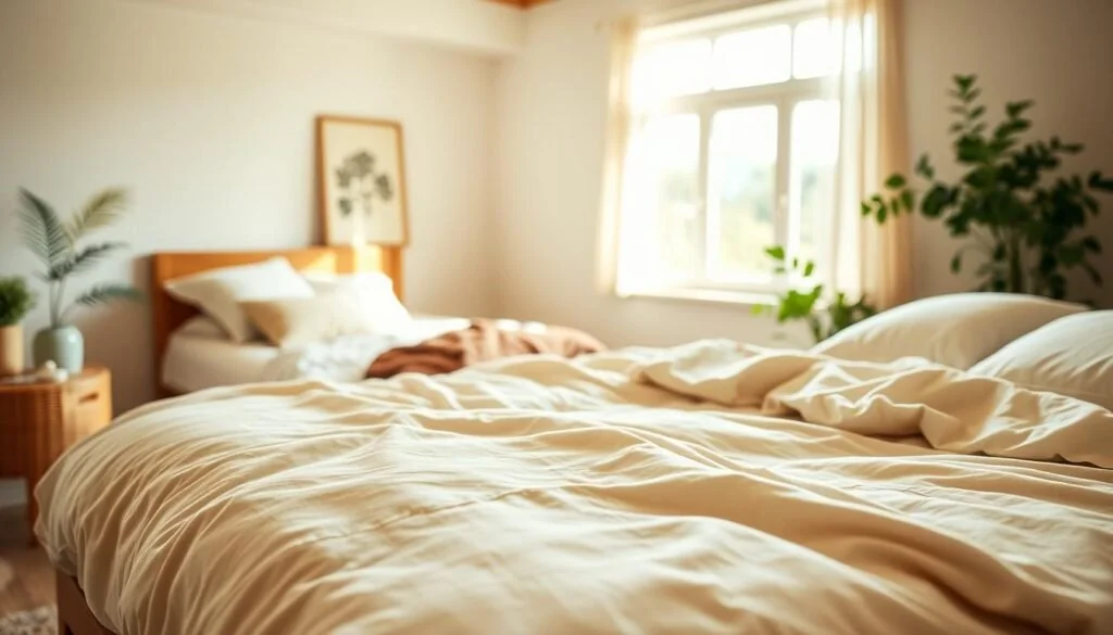 A cozy, well-lit bedroom filled with eco-friendly bedding. In the foreground, a plush, organic cotton duvet cover in a soothing natural hue, paired with soft, hypoallergenic pillows made from recycled materials. Midground, a wooden bed frame with clean lines, complemented by a natural fiber area rug. In the background, a large window floods the space with warm, natural light, casting a serene glow. The overall atmosphere evokes a sense of comfort and environmental consciousness, reflecting the ethos of sustainable living. A cozy, well-lit bedroom filled with eco-friendly bedding. In the foreground, a plush, organic cotton duvet cover in a soothing natural hue, paired with soft, hypoallergenic pillows made from recycled materials. Midground, a wooden bed frame with clean lines, complemented by a natural fiber area rug. In the background, a large window floods the space with warm, natural light, casting a serene glow. The overall atmosphere evokes a sense of comfort and environmental consciousness, reflecting the ethos of sustainable living.