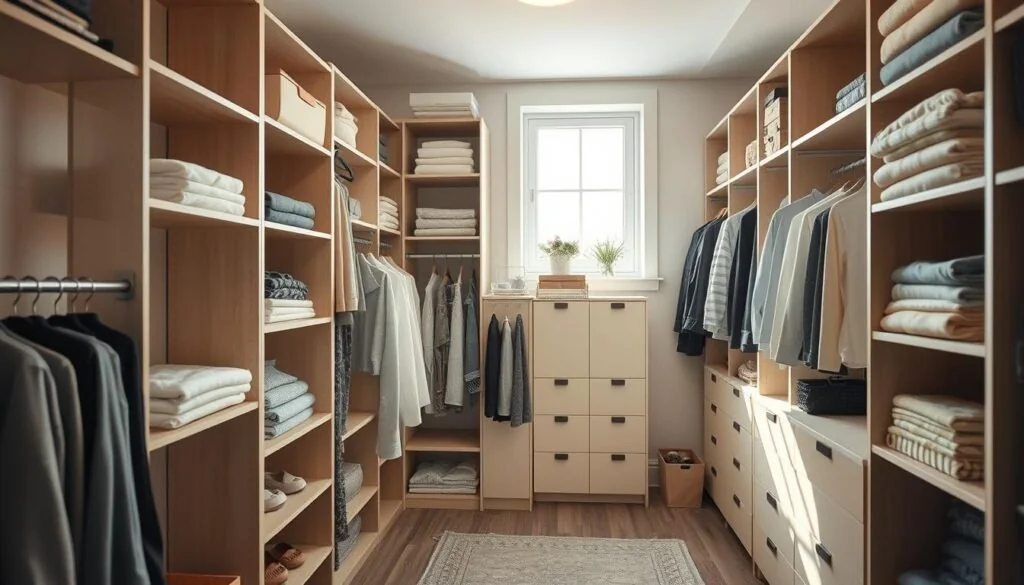 A cozy, well-organized wardrobe interior in soft, natural tones. In the foreground, various storage solutions are displayed, including modular shelving units, hanging rods, and neatly folded garments. The middle ground features a mix of open and closed storage compartments, efficiently utilizing every inch of space. In the background, a window allows natural light to filter in, creating a serene and calming atmosphere. The entire scene is captured with a wide-angle lens, emphasizing the intelligent use of limited space and the harmonious blend of form and function.