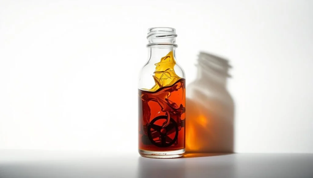 A glass vial filled with a viscous, amber-colored liquid representing an essential oil. The vial's contents appear to be swirling and distorting, conveying a sense of toxicity and danger. The background is a stark, clinical white, highlighting the hazardous nature of the substance. Dramatic lighting casts long, ominous shadows, creating a sense of foreboding. The composition is carefully balanced, with the vial positioned slightly off-center to draw the viewer's attention. The overall mood is one of unease and potential harm, visually communicating the potential risks associated with essential oil misuse or overexposure. A glass vial filled with a viscous, amber-colored liquid representing an essential oil. The vial's contents appear to be swirling and distorting, conveying a sense of toxicity and danger. The background is a stark, clinical white, highlighting the hazardous nature of the substance. Dramatic lighting casts long, ominous shadows, creating a sense of foreboding. The composition is carefully balanced, with the vial positioned slightly off-center to draw the viewer's attention. The overall mood is one of unease and potential harm, visually communicating the potential risks associated with essential oil misuse or overexposure.