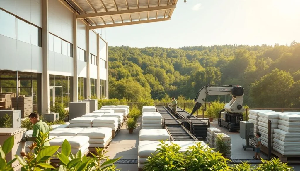 A large, modern sustainable manufacturing facility situated in a lush, green landscape. The building has sleek, minimalist architecture with abundant natural light flooding through floor-to-ceiling windows. In the foreground, workers in eco-friendly uniforms operate cutting-edge, energy-efficient machinery to produce organic, high-quality bedding materials. The mid-ground showcases a robotic assembly line carefully crafting and packaging the final products. In the background, a verdant forest provides a serene, natural backdrop, conveying a sense of harmony between industry and the environment. The scene is bathed in warm, golden sunlight, radiating an atmosphere of eco-conscious productivity and environmental stewardship.