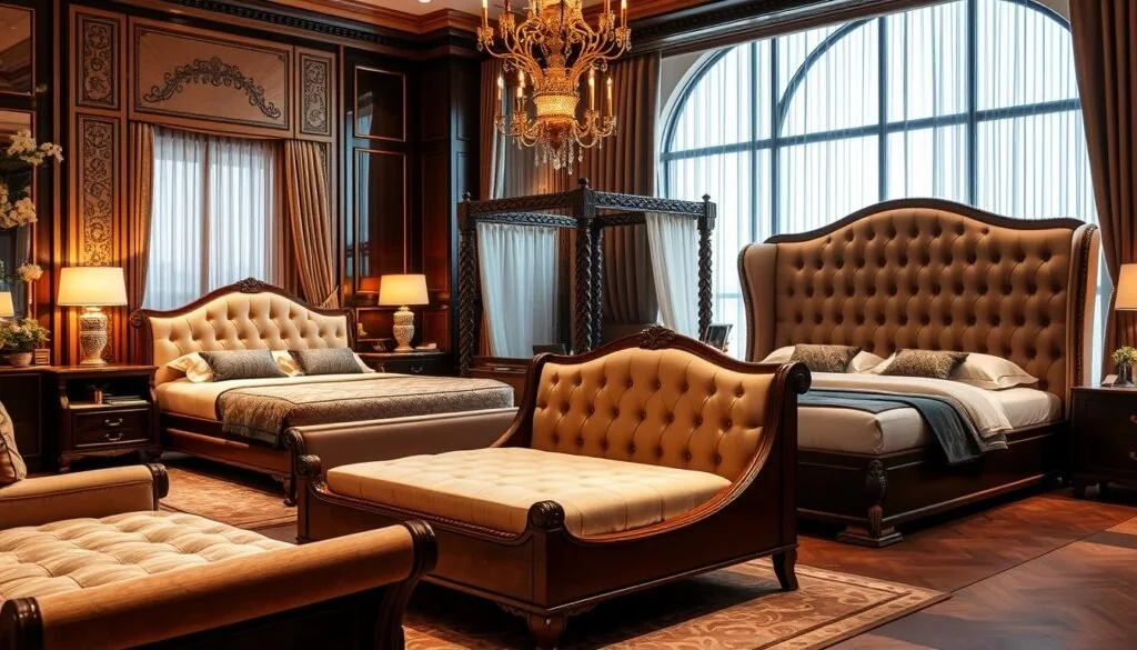 A lavishly decorated bedroom showcasing an assortment of luxury bed frames. In the foreground, a plush, upholstered sleigh bed with ornate headboard and footboard. Beside it, a contemporary platform bed with a smooth, lacquered finish. In the middle ground, a classic four-poster bed with intricate carved details, draped in sheer curtains. In the background, a grandiose, tufted wingback bed with a majestic, high headboard. Soft, warm lighting casts a cozy glow, highlighting the exquisite craftsmanship and premium materials of these stylish bed frames. The scene evokes a sense of elegance, comfort, and refined sophistication. A lavishly decorated bedroom showcasing an assortment of luxury bed frames. In the foreground, a plush, upholstered sleigh bed with ornate headboard and footboard. Beside it, a contemporary platform bed with a smooth, lacquered finish. In the middle ground, a classic four-poster bed with intricate carved details, draped in sheer curtains. In the background, a grandiose, tufted wingback bed with a majestic, high headboard. Soft, warm lighting casts a cozy glow, highlighting the exquisite craftsmanship and premium materials of these stylish bed frames. The scene evokes a sense of elegance, comfort, and refined sophistication.