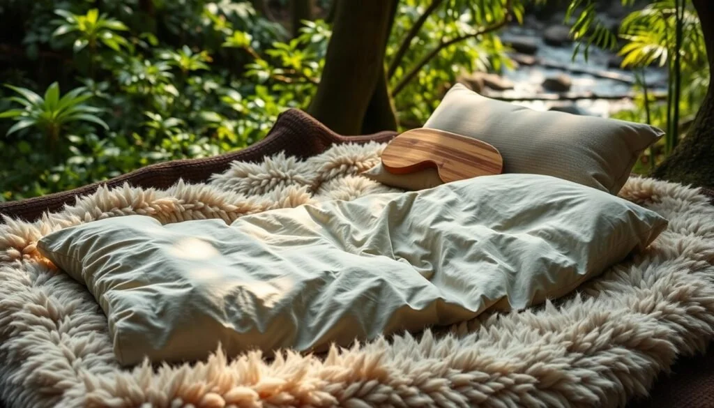 A serene scene of eco-friendly sleep accessories nestled in a natural setting. In the foreground, a cozy organic cotton sleeping bag with a recycled filling unfurls on a plush, sustainable wool blanket. The middle ground features a handcrafted wooden sleep mask and a set of bamboo fiber pillows. In the background, lush green foliage and a glimpse of a tranquil forest stream set a peaceful, restorative atmosphere. Soft, natural lighting casts a warm, inviting glow over the scene, conveying a sense of comfort and environmental harmony. A serene scene of eco-friendly sleep accessories nestled in a natural setting. In the foreground, a cozy organic cotton sleeping bag with a recycled filling unfurls on a plush, sustainable wool blanket. The middle ground features a handcrafted wooden sleep mask and a set of bamboo fiber pillows. In the background, lush green foliage and a glimpse of a tranquil forest stream set a peaceful, restorative atmosphere. Soft, natural lighting casts a warm, inviting glow over the scene, conveying a sense of comfort and environmental harmony.