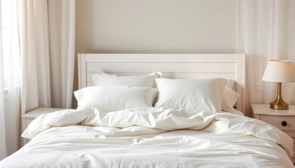 A serene, well-lit bedroom setting featuring a luxurious king-size bed with pristine, hypoallergenic bedding. The sheets are made of soft, breathable organic cotton, while the comforter is filled with eco-friendly, hypoallergenic microfiber. Soft, diffused lighting filters through sheer, linen curtains, creating a calming atmosphere. The bed is positioned against a minimalist, white-washed wooden headboard, complemented by a pair of matching nightstands with simple, clean-lined lamps. The overall scene evokes a sense of tranquility and purity, conveying the benefits of eco-friendly, allergen-free bedding for a restful, healthy sleep.