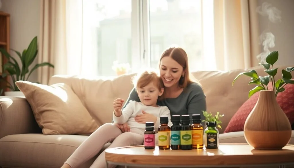 A warm, cozy living room scene with a mother and child sitting on a plush couch, examining a selection of essential oil bottles. Soft natural lighting filters in through a large window, casting a gentle glow. On a wooden side table, a diffuser emits soothing aromas, surrounded by potted plants. The child's expression is one of curiosity and wonder, while the mother's face conveys a sense of care and guidance. The overall atmosphere is calm, educational, and inviting, reflecting the safe and responsible use of essential oils for children. A warm, cozy living room scene with a mother and child sitting on a plush couch, examining a selection of essential oil bottles. Soft natural lighting filters in through a large window, casting a gentle glow. On a wooden side table, a diffuser emits soothing aromas, surrounded by potted plants. The child's expression is one of curiosity and wonder, while the mother's face conveys a sense of care and guidance. The overall atmosphere is calm, educational, and inviting, reflecting the safe and responsible use of essential oils for children.