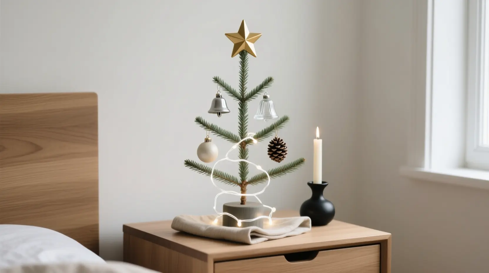 Christmas Bedroom Aesthetic Holidays - Minimalist white ceramic mini Christmas tree with warm lights on woode