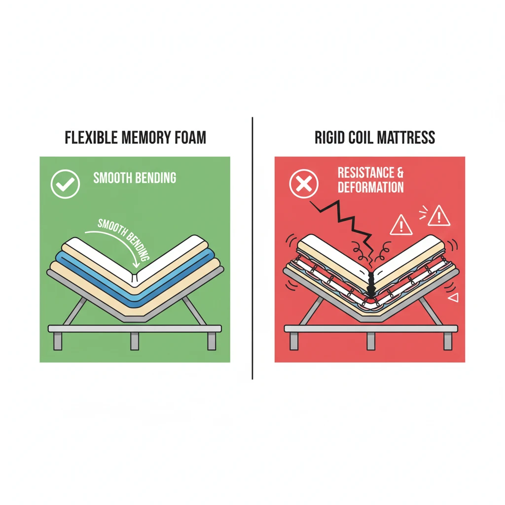 Foam mattress demonstrating adjustable bed mattress compatibility with smooth flexibility.