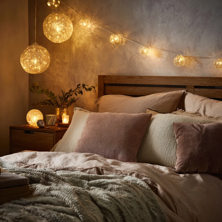Dreamy Bedroom Serene Escape - Ambient bedroom lighting with fairy lights featuring dreamy bedroom ideas