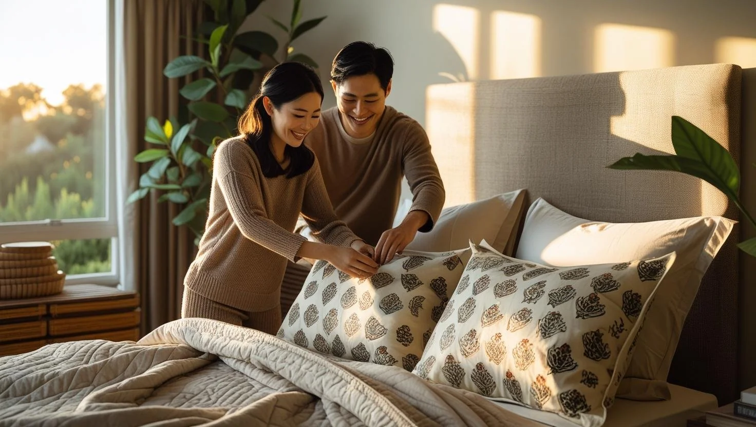 Feng shui inspired bed positioning with decorative bed shams