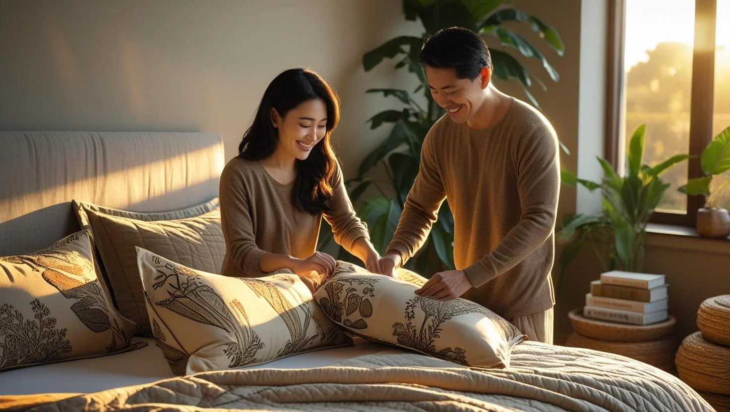 Stylishly layered bed with decorative bed shams and throws