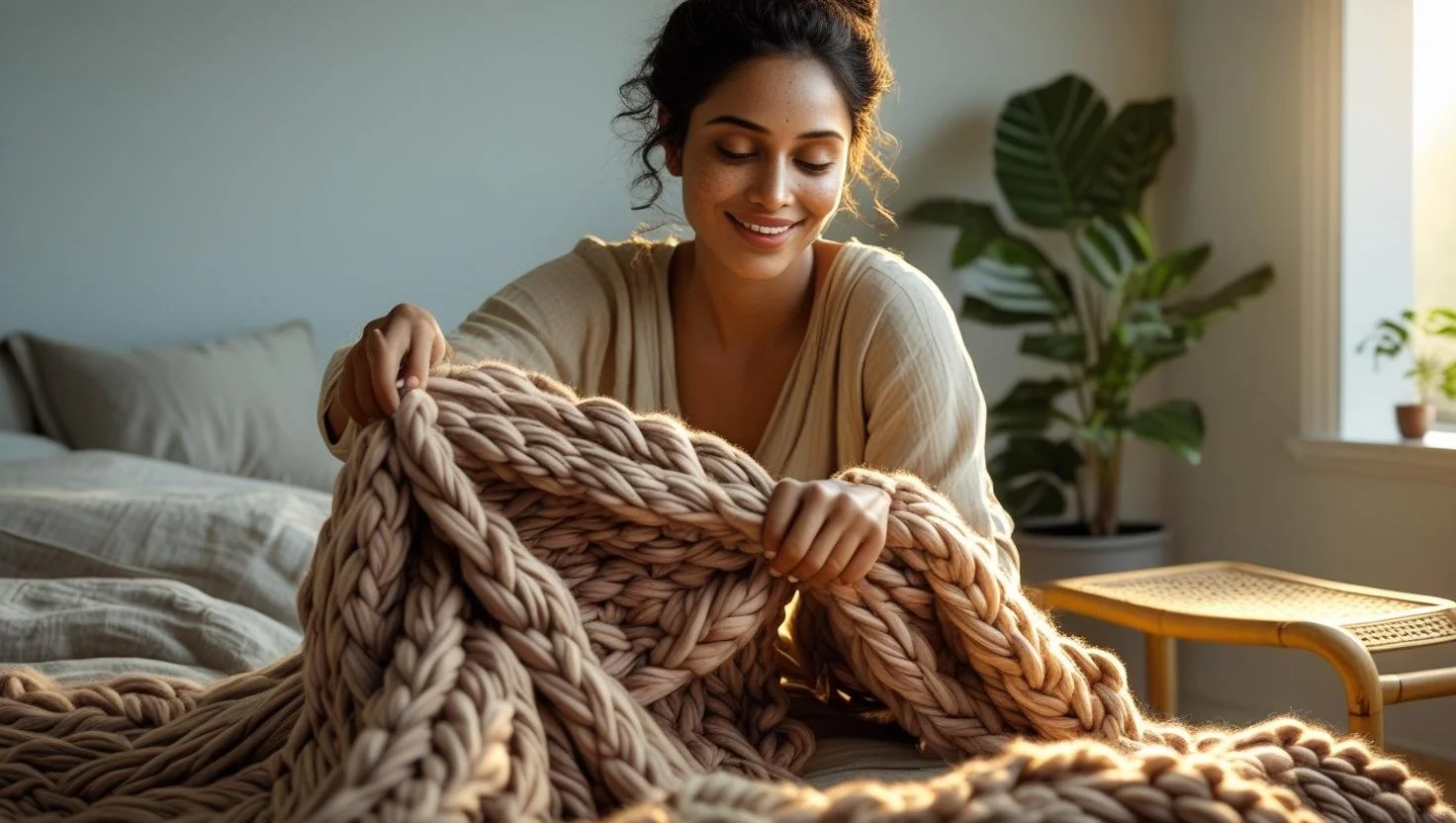 Stylish bedroom with layered bedding accessories and accent rug