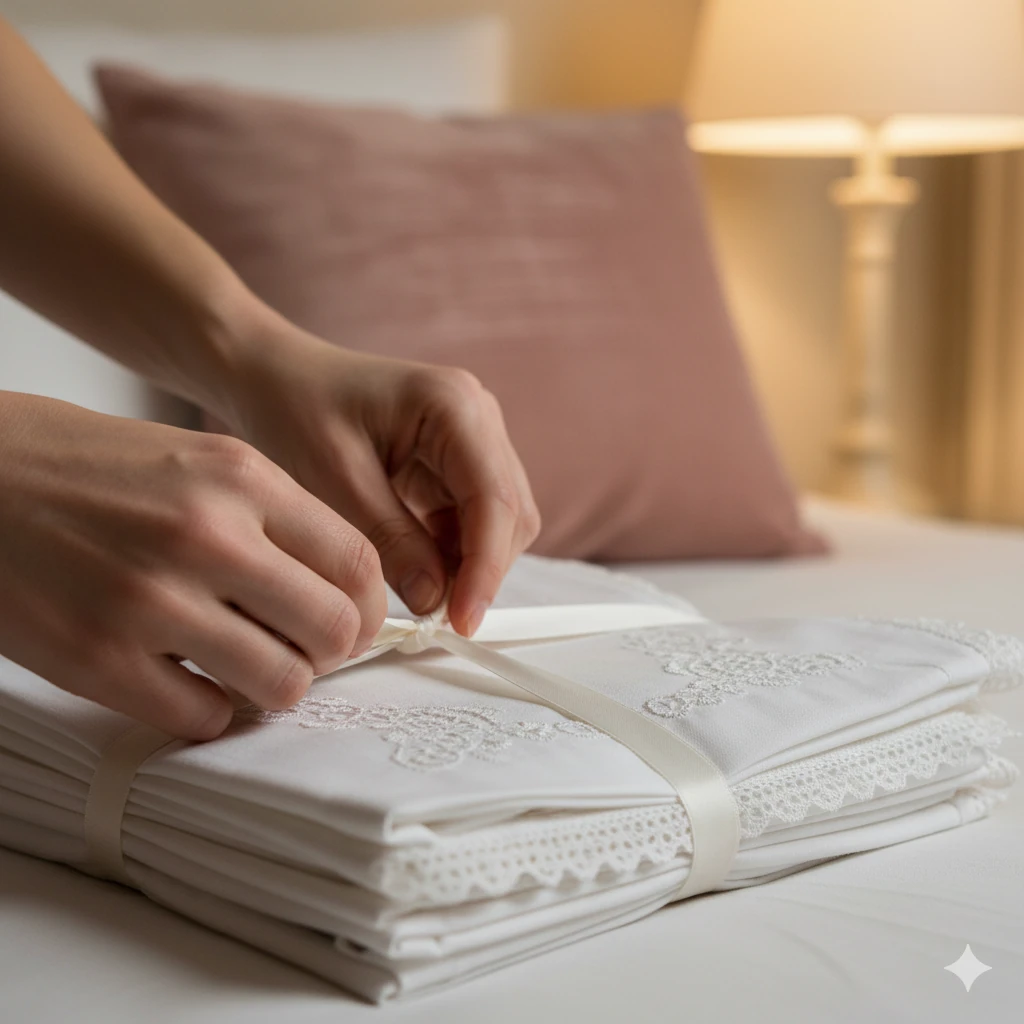 A stylized historical scene shows a family blessing the couple during The Bedding Ceremony, and this complete sentence includes the exact focus keyword: The Bedding Ceremony.