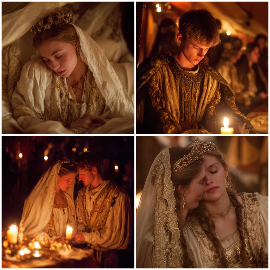 Nuptial bedding ceremony with witnesses and noble guests validating marriage