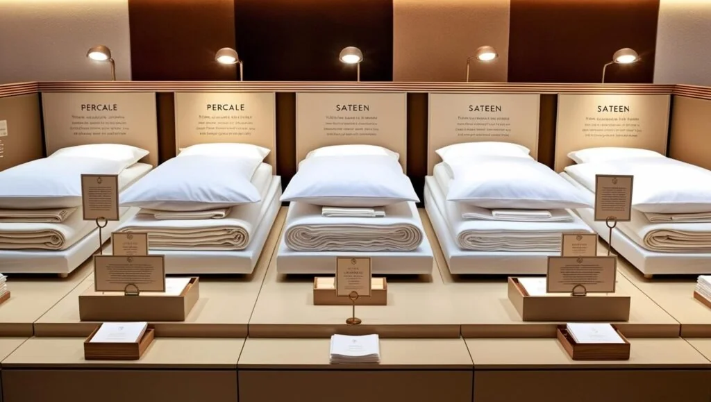 Ideal thread count bedding shown with percale vs sateen comparison fabrics.