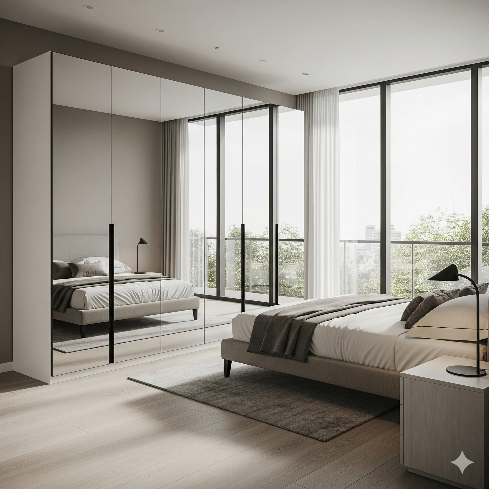 Mirrored bedroom furniture reflecting natural light for a brighter feel.
