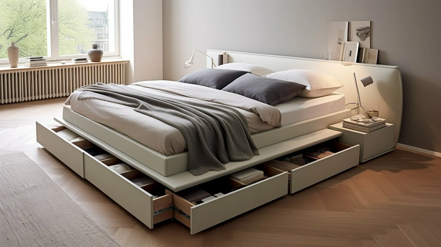 Space-saving ottoman bed raised to show under-bed compartment for seasonal storage