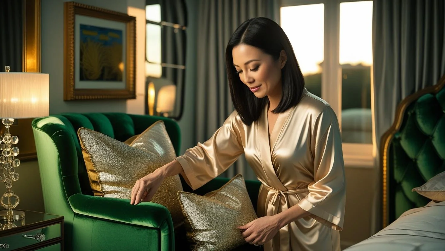 styled bedroom with lounge chairs and cushions