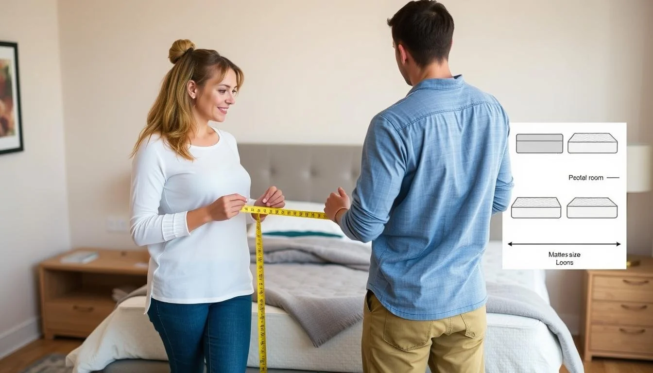 Couple sharing bed with pets and kids, mattress size context