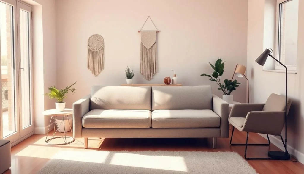 Foldable couch bed styled in a bright, compact living room with plants and rug