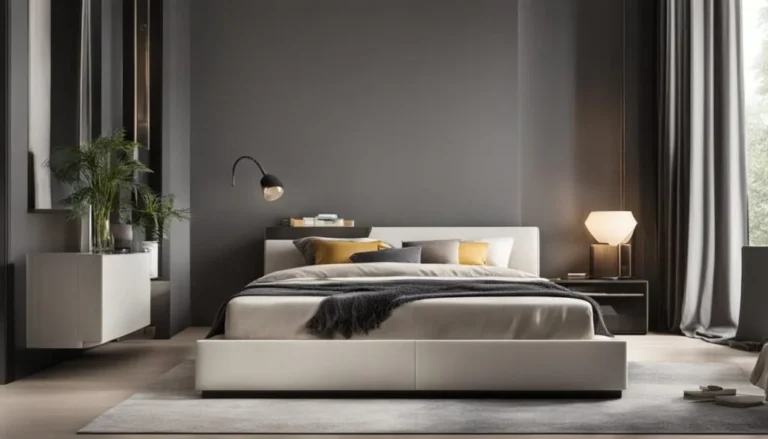 Modern queen platform bed in a grey bedroom with lamps and plant