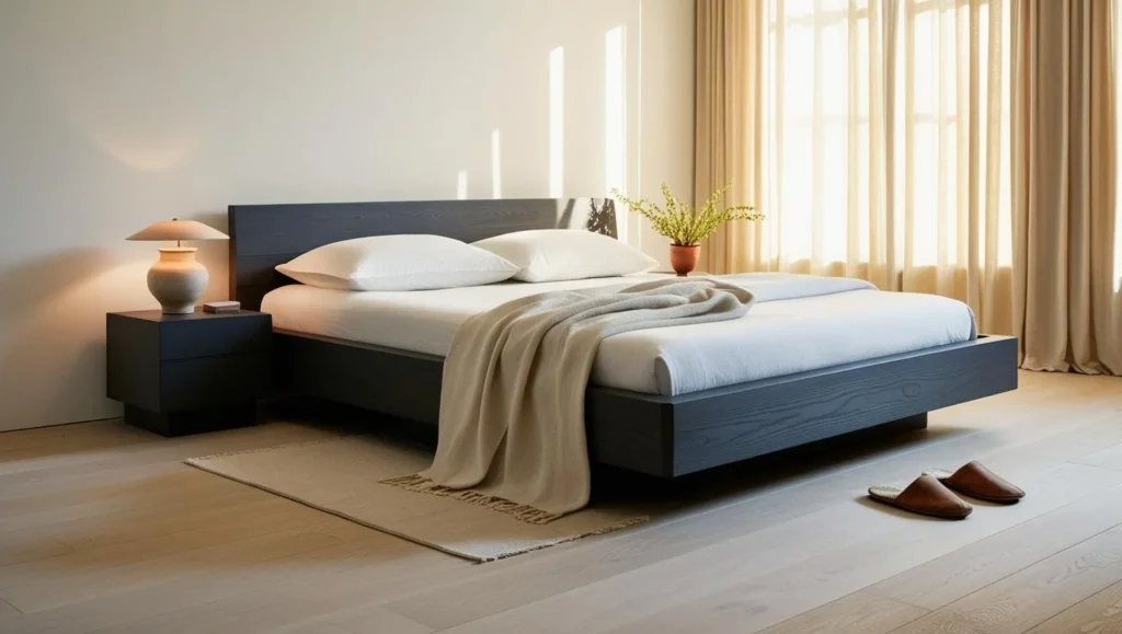 Navy upholstered platform bed with padded headboard and white bedding in a minimalist room