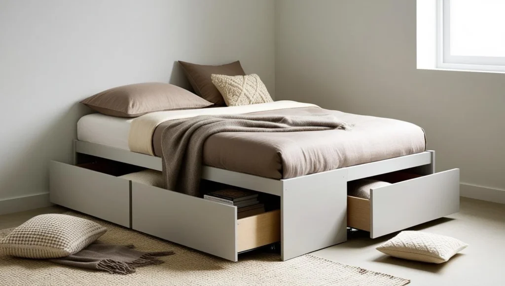 White storage bed frame with open under-bed drawers holding folded linens