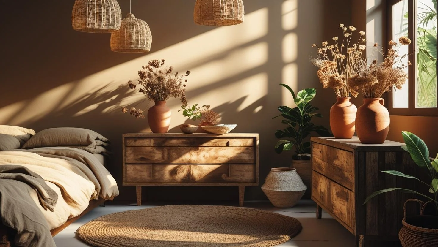 Biophilic bedroom with rattan furniture and organic bedding